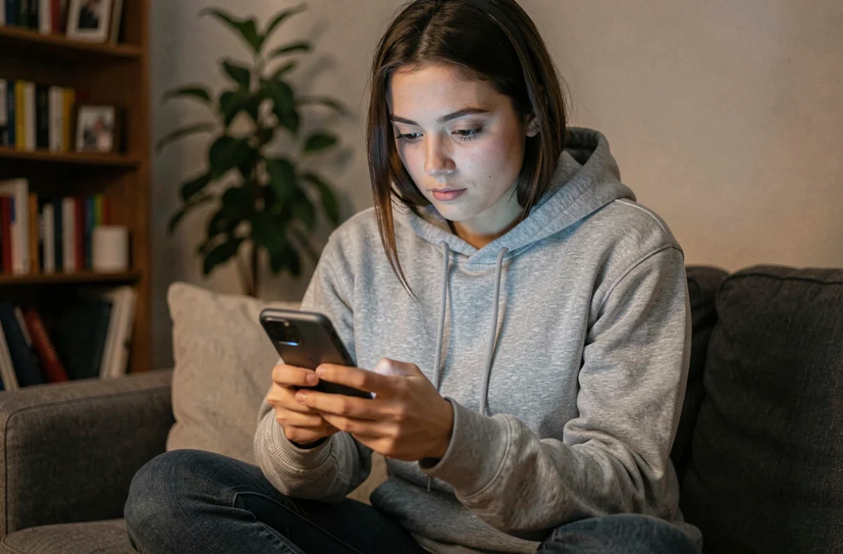 Jeune femme consultant anonymement les stories Snapchat sur son smartphone dans un salon cosy