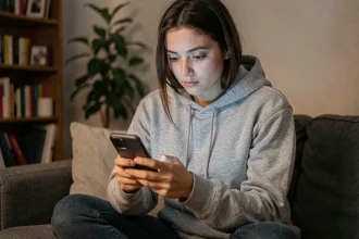 Jeune femme consultant anonymement les stories Snapchat sur son smartphone dans un salon cosy