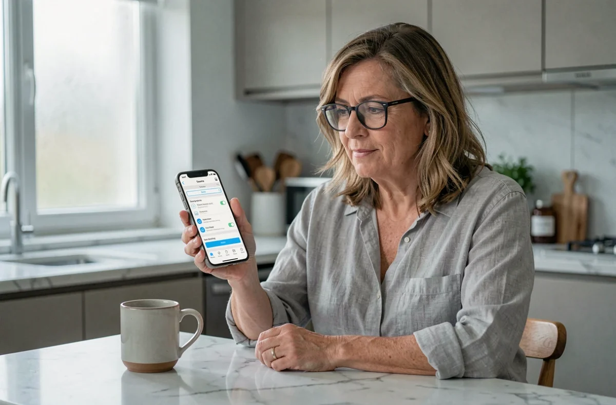 Femme configurant son compte AOL webmail sur iPhone dans une cuisine moderne