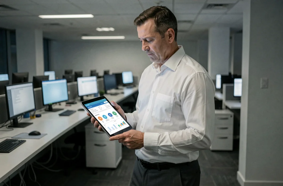 Responsable financier consultant un rapport sécurisé sur tablette dans un open space vide en fin de journée