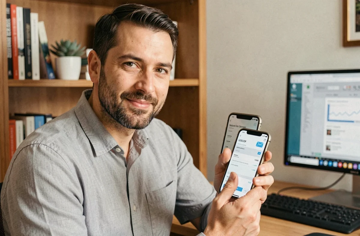 Salarié en télétravail vérifiant ses bulletins de paie dématérialisés sur smartphone via une application RH