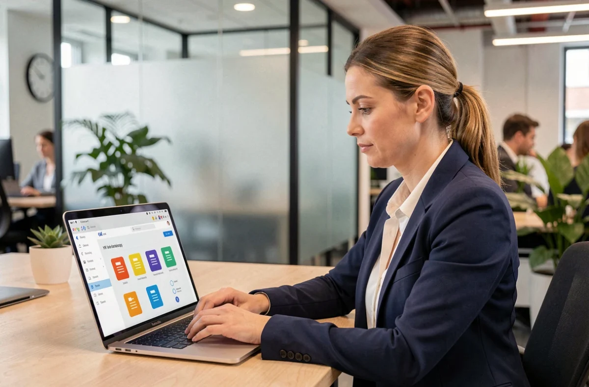 Salariée consultant son espace MyPrimobox sur un ordinateur portable au bureau pour accéder à ses documents RH dématérialisés