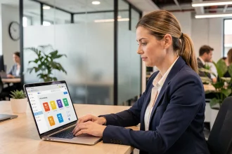 Salariée consultant son espace MyPrimobox sur un ordinateur portable au bureau pour accéder à ses documents RH dématérialisés