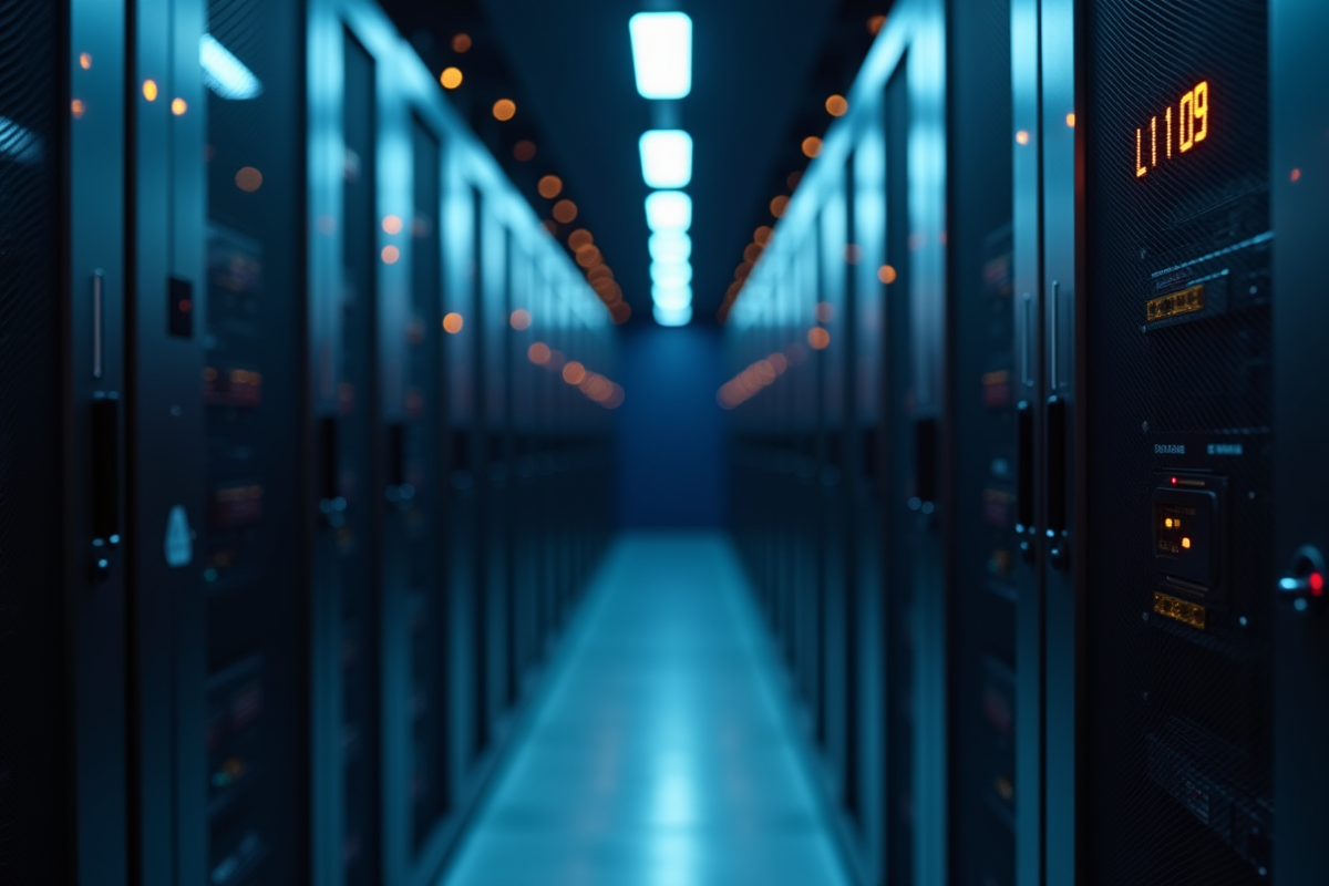 Rack de serveurs avec alerte L1109 dans une salle lumineuse