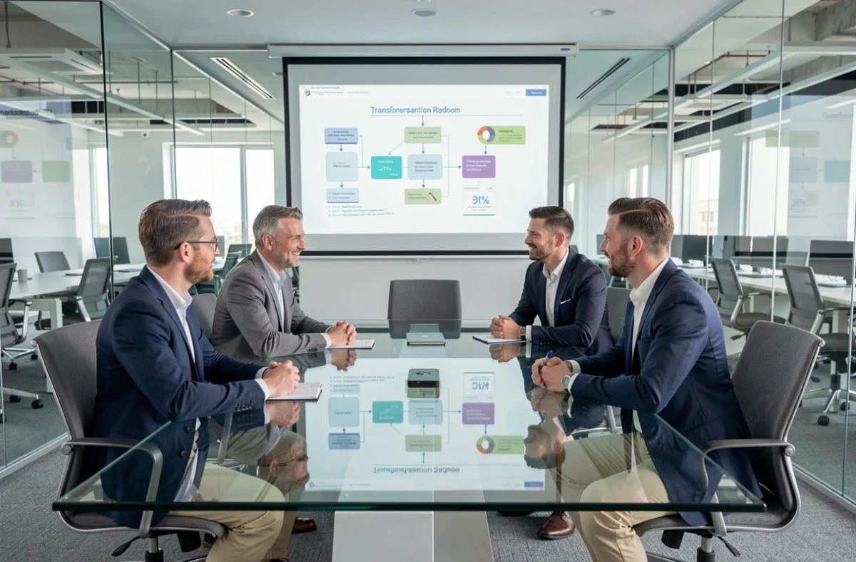 Équipe de Sopra Steria Group en réunion stratégique autour d'un plan de transformation numérique affiché sur grand écran