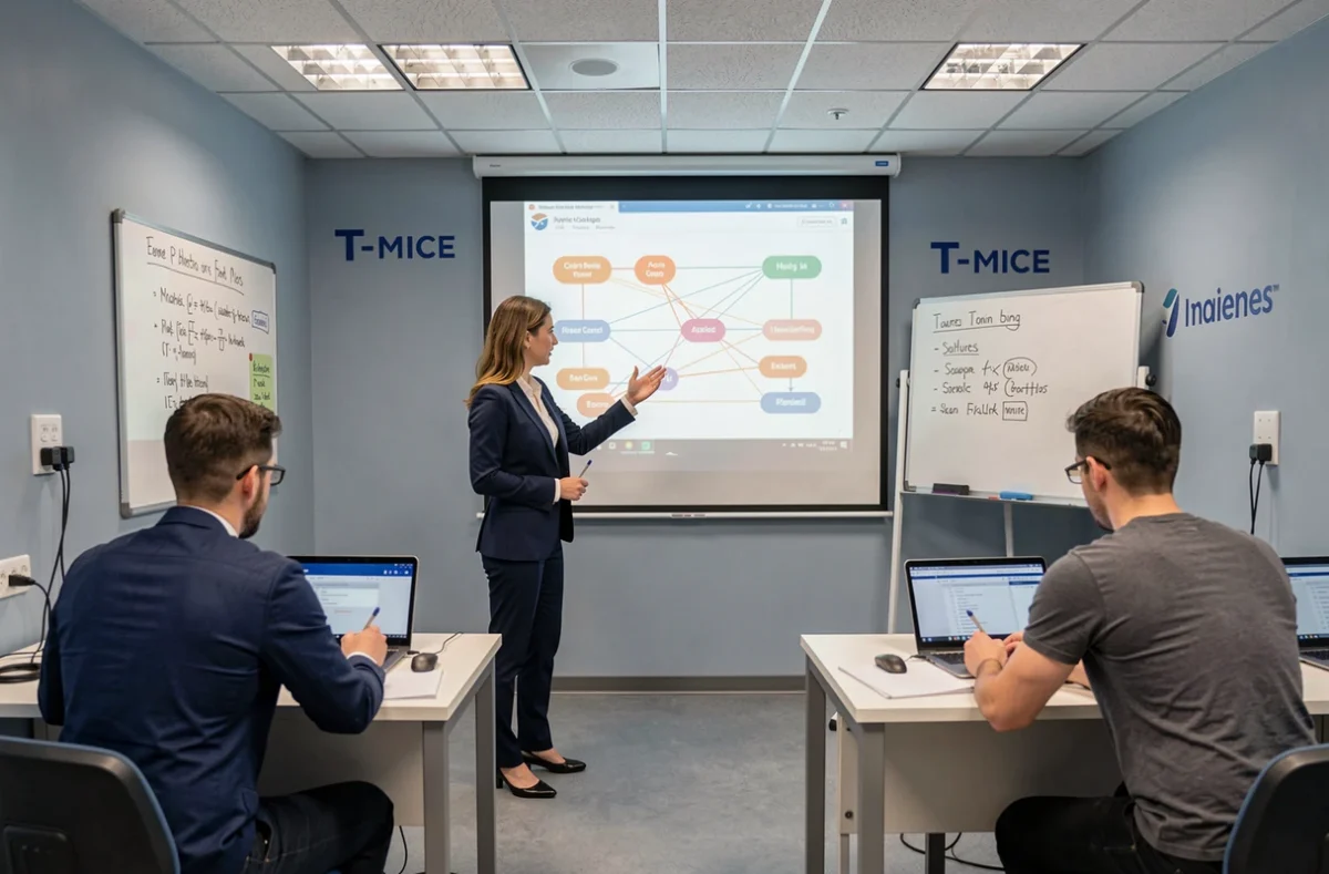 Formatrice de T-MICE animant une session de formation informatique devant des apprenants en salle équipée de postes de travail