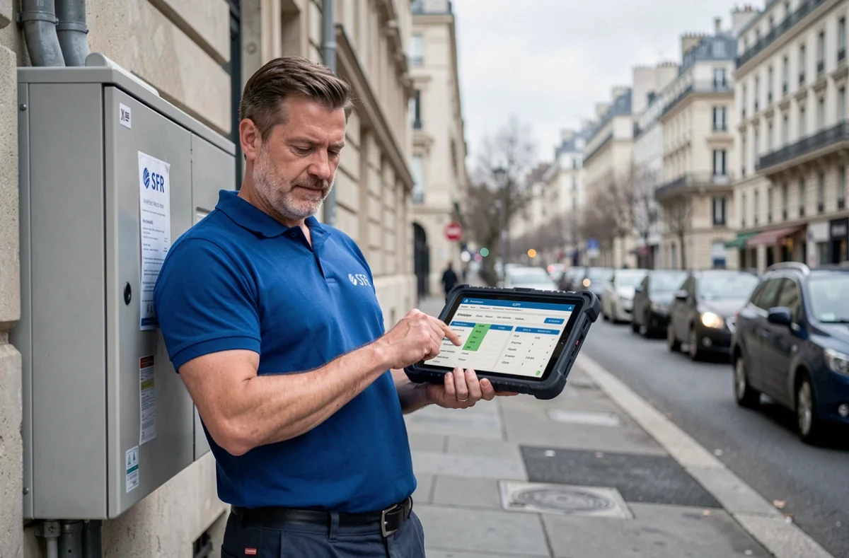 Technicien SFR consultant une tablette devant un boîtier fibre optique en extérieur pour vérifier l'éligibilité d'un immeuble
