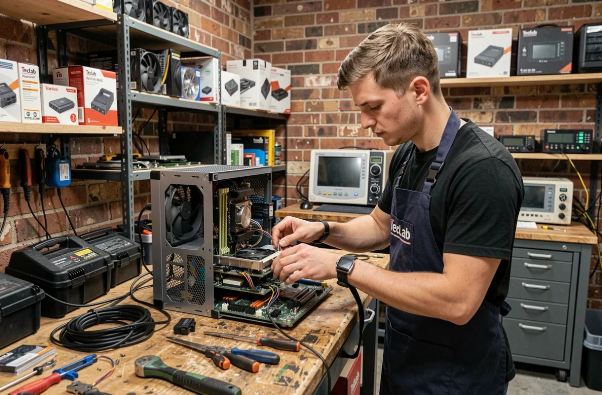 Technicien de Teclab assemblant un ordinateur personnalisé sur un établi dans un atelier informatique spécialisé