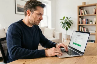 Homme testant son éligibilité à la fibre SFR sur un ordinateur portable depuis son bureau à domicile