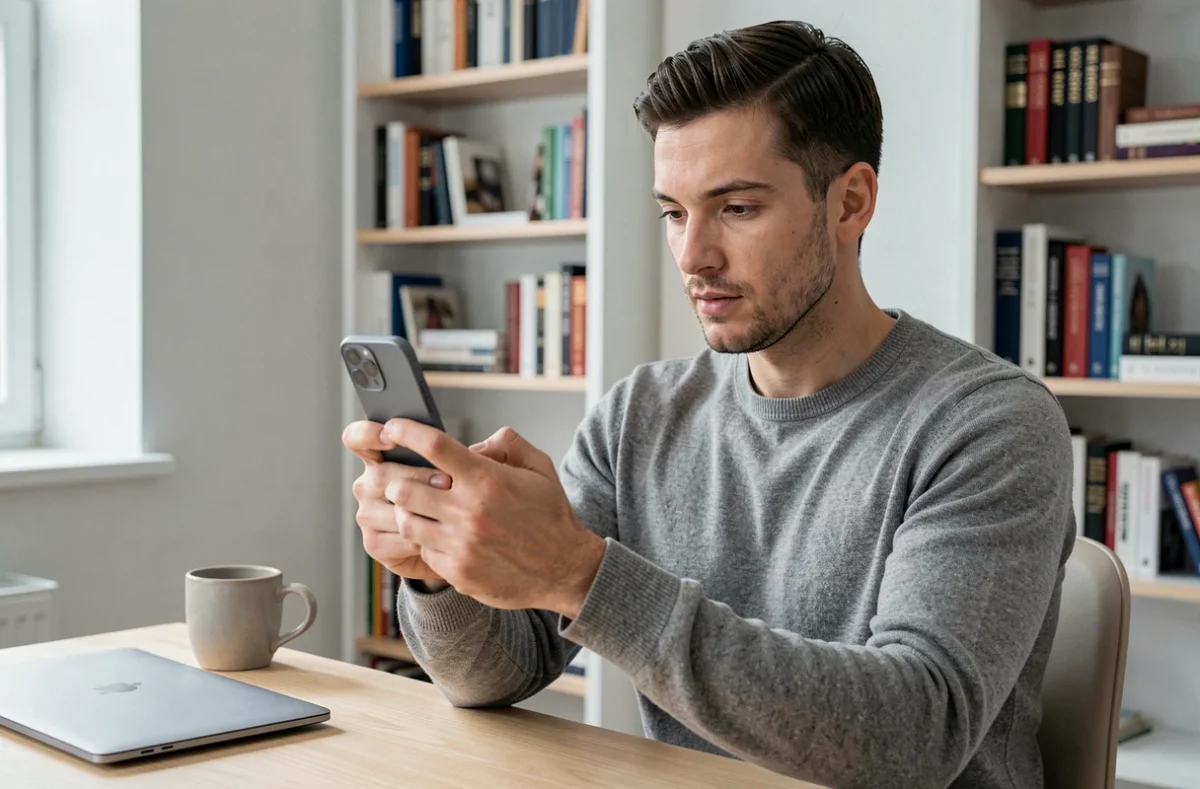 Homme tenant un iPhone 15 et l'examinant attentivement dans un bureau moderne minimaliste