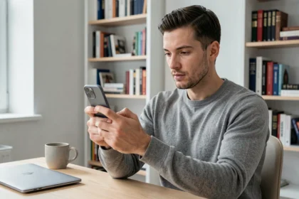 Homme tenant un iPhone 15 et l'examinant attentivement dans un bureau moderne minimaliste