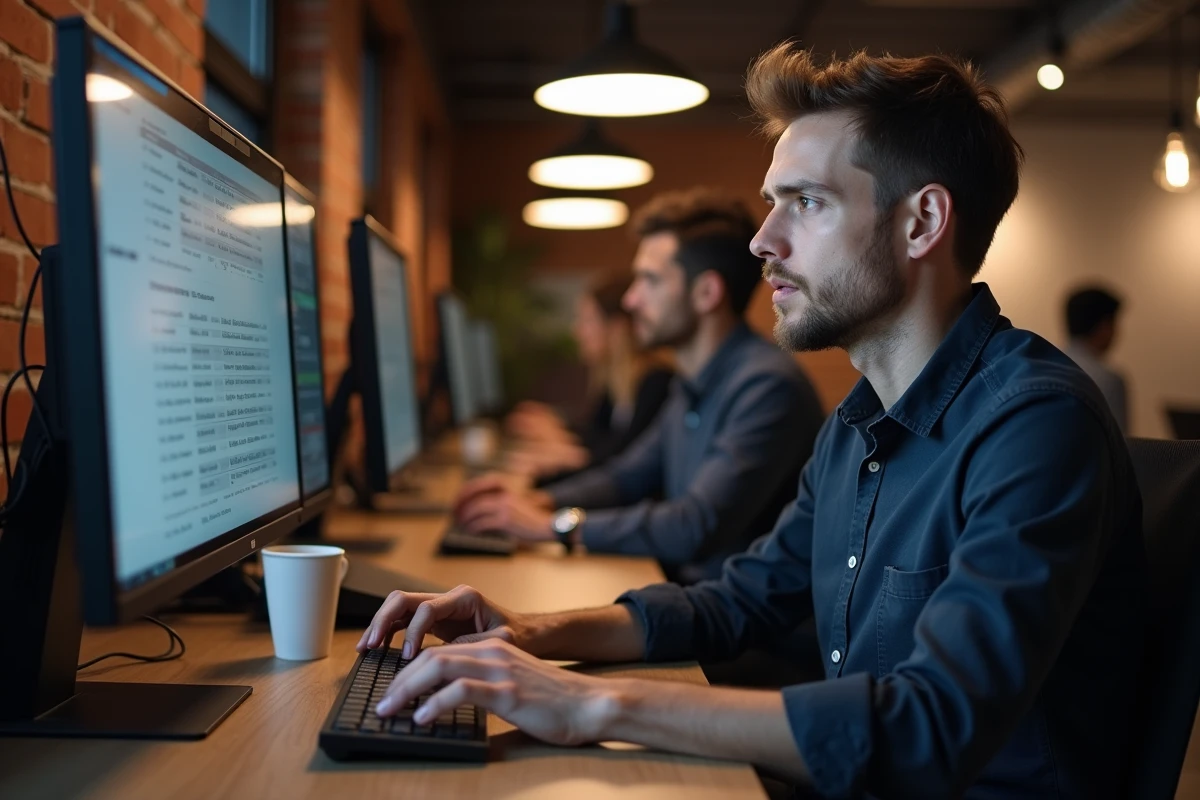 Homme adulte réalisant un test de rapidité au clavier dans un espace de co-working moderne