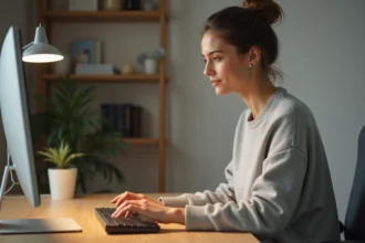 Jeune femme tapant rapidement sur un clavier mécanique lors d'un test de vitesse de frappe en ligne