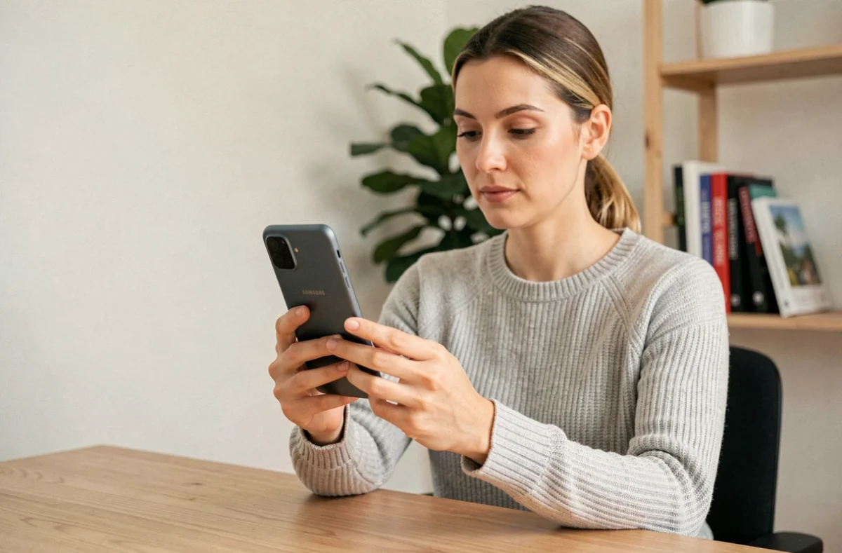 Femme utilisant un nouveau smartphone Samsung pour transférer ses photos via Samsung Cloud dans un bureau moderne