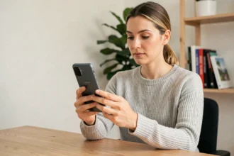 Femme utilisant un nouveau smartphone Samsung pour transférer ses photos via Samsung Cloud dans un bureau moderne