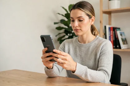 Femme utilisant un nouveau smartphone Samsung pour transférer ses photos via Samsung Cloud dans un bureau moderne