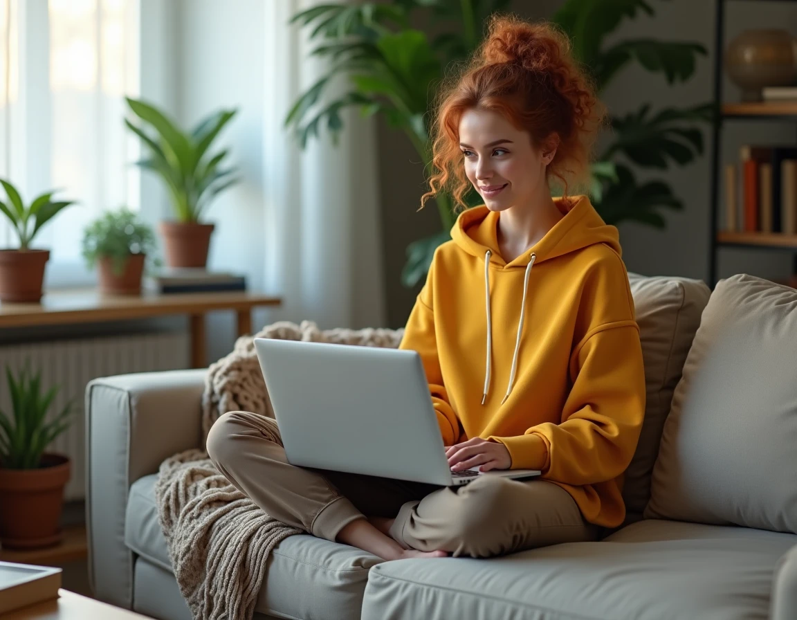 Jeune femme configurant un outil de correction orthographique sur les réseaux sociaux depuis son canapé