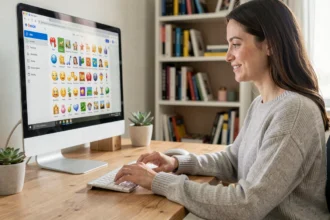 Femme utilisant le sélecteur d'emojis sur un PC de bureau avec clavier sans fil dans un bureau à domicile moderne