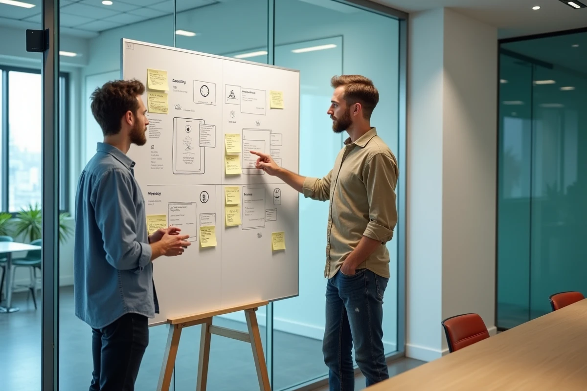 Deux designers UX discutant de l'accessibilité d'une interface graphique mobile devant un tableau blanc avec des wireframes annotés et des checklists de conformité aux normes
