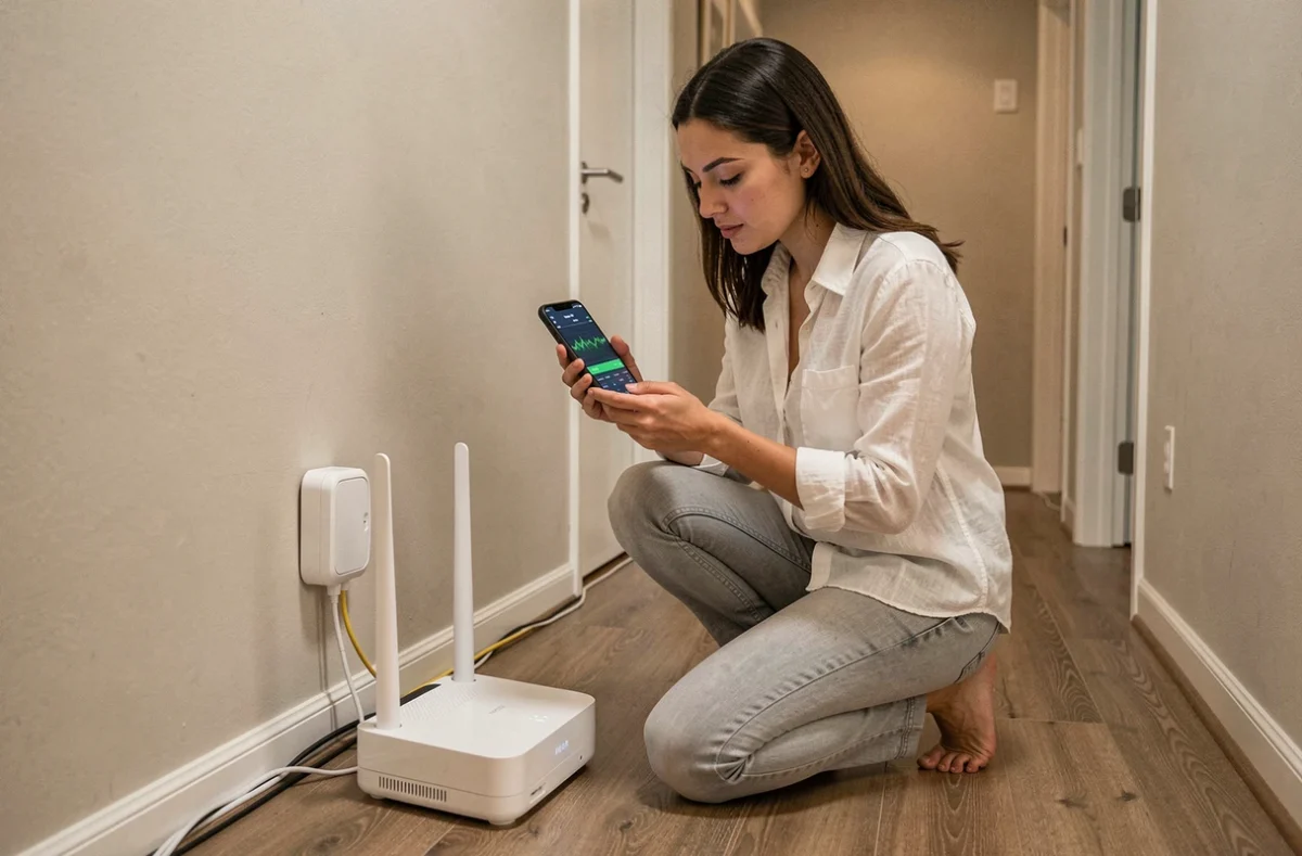 Femme vérifiant le débit fibre SFR avec un test de vitesse sur smartphone près de la box internet