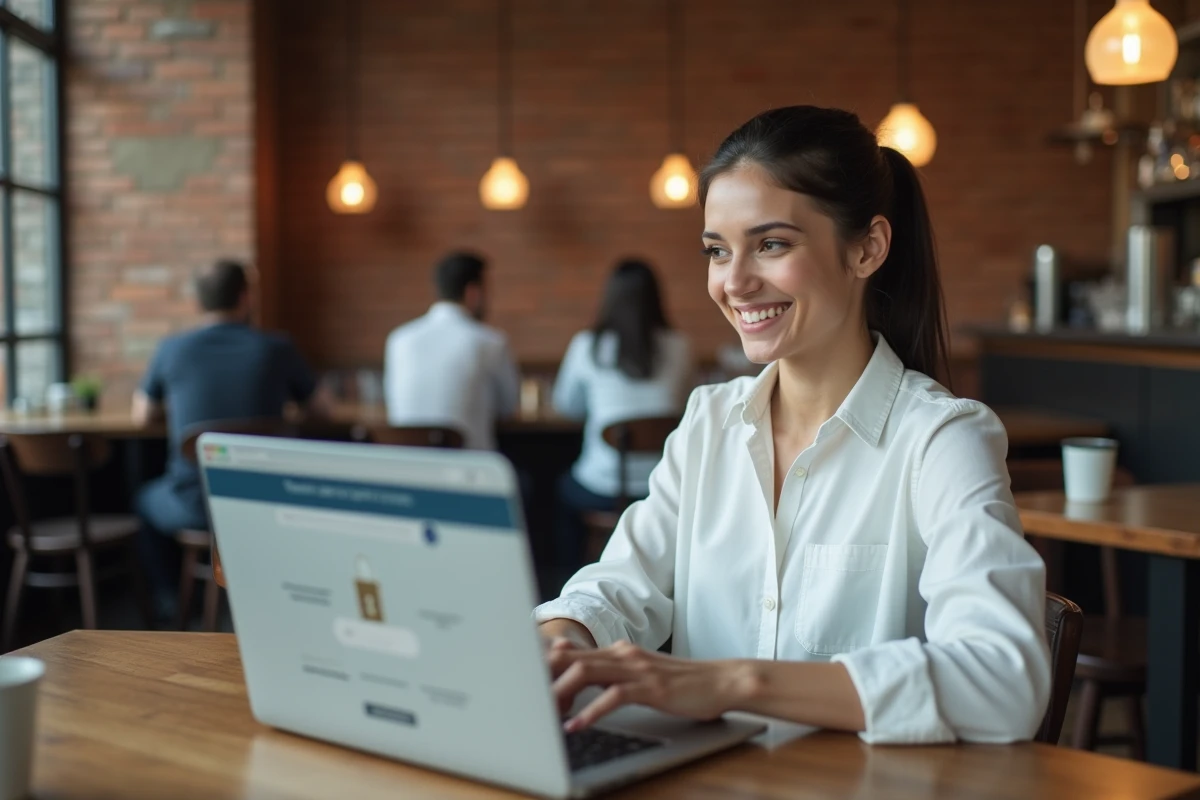 Femme travaillant avec un VPN dans un café pour sécuriser sa connexion et accéder à Google USA