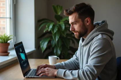 Homme utilisant un VPN sur son ordinateur portable dans un bureau à domicile pour une navigation sécurisée sur Google USA