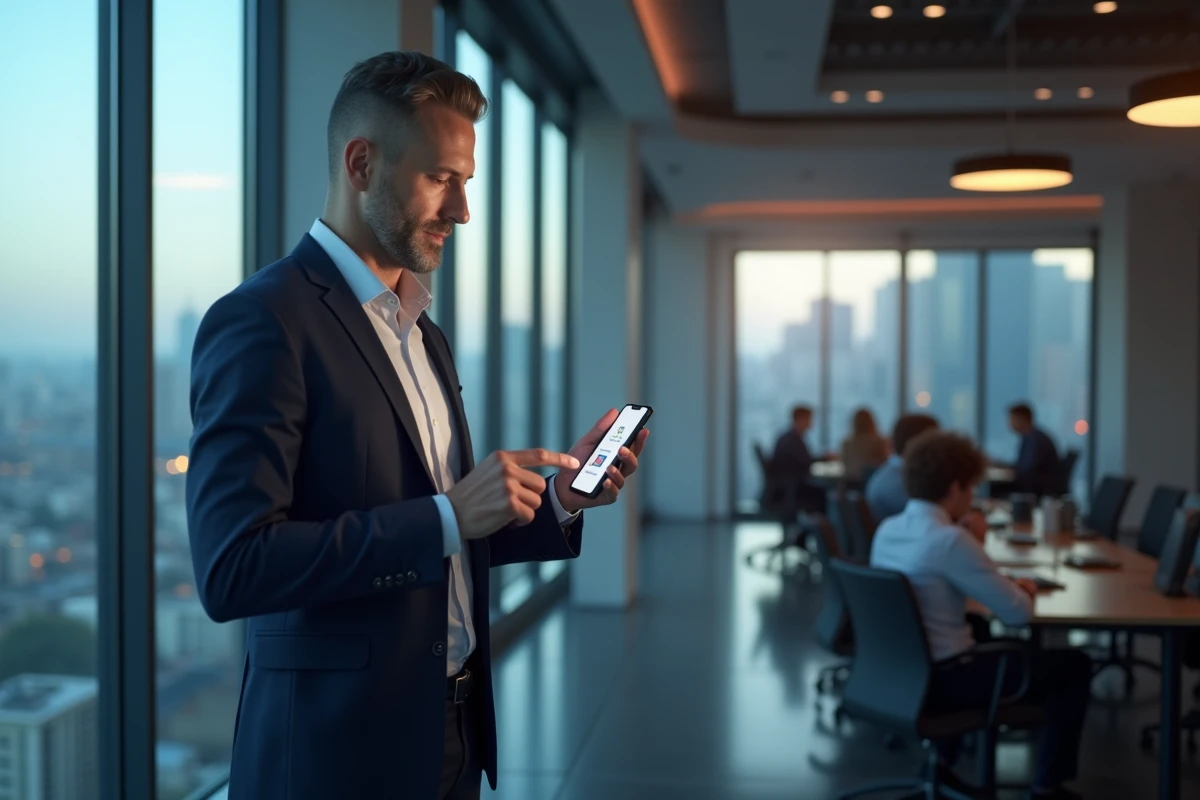 Professionnel en entreprise utilisant une application VPN sur smartphone pour sécuriser l'accès à Google USA